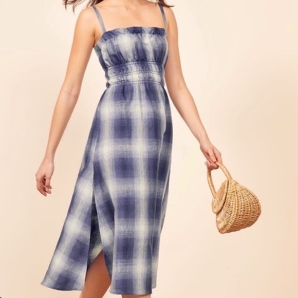 Reformation Faust Linen midi dress in Ghost Blue plaid smocked sundress 2 NWOT - Picture 1 of 8